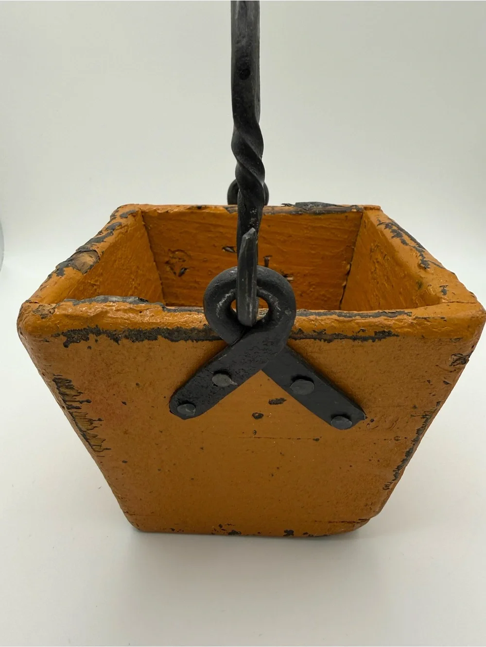 ANTIQUE YELLOW (RARE) BERRY BASKET WITH FORGED HANDLE PRIMITIVE CHIPPED TEXTURE